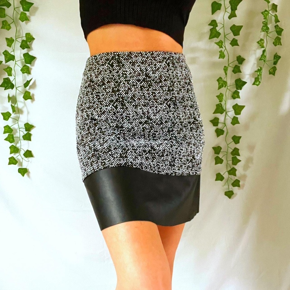 Black and white tweed A-line high waisted mini skirt